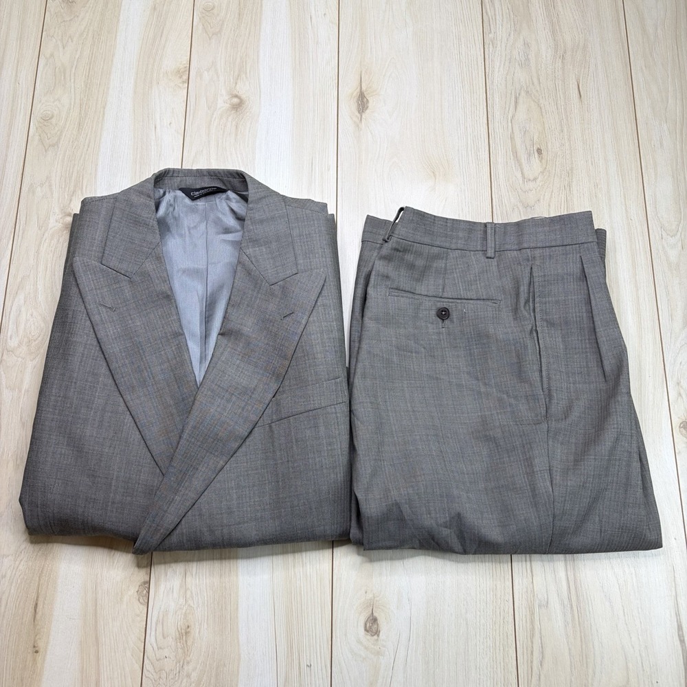 Claiborne Mens Double Breasted Worsted Wool Herringbone Suit Gray 42R W:34x25